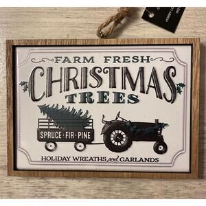 New Hobby Lobby Farm Fresh Christmas Trees Tractor Tin Wood Black White Sign